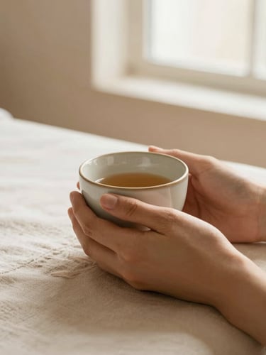 Close-up of hands holding a warm ceramic cup on a lino tablecloth, soft natural afternoon light, elegant wellness clinic atmosphere