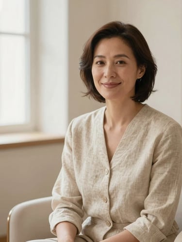 Elegant portrait of a female therapist in her late 30s with a warm and professional expression, sitting in a bright boutique office, soft natural light, linen textures, cream and sand background, shallow depth of field