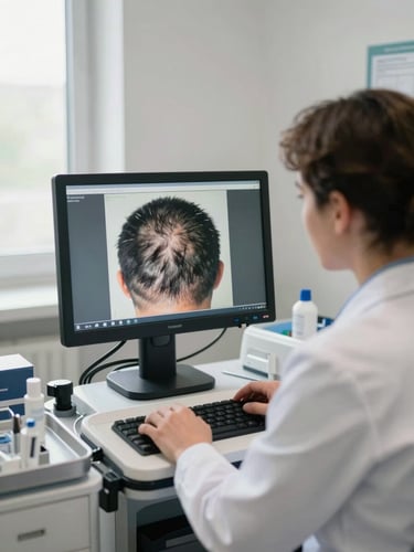 Wide clinical room view showing a specialist reviewing a trichoscopy monitor displaying scalp magnification, professional in white coat, clean natural daylight from the left, equipment and clinical tools visible, no patient face