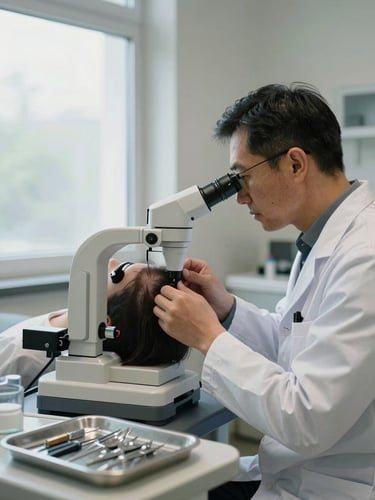 Wide clinical consultation room shot, certified professional in white coat examining a scalp with trichoscope equipment, cool natural daylight through frosted window at left, clinical instruments organized on a sterile tray in the foreground, no patient face visible