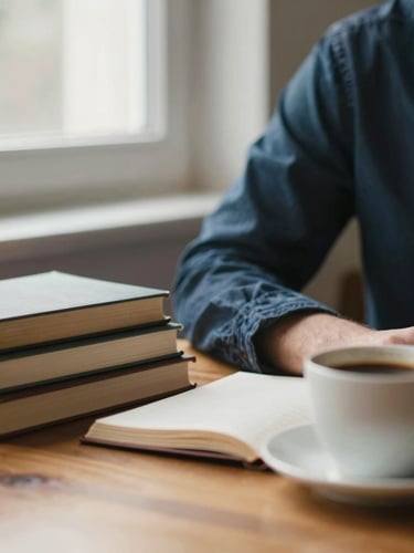 A close-up portrait of a writer at a wooden desk, soft morning window light, a stack of books and a cup of coffee nearby, warm editorial style, shallow depth of field