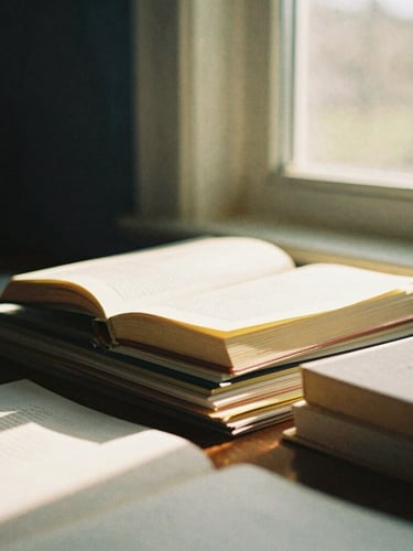 A quiet, sunlit workspace in McCall, Idaho, with a stack of open books, textured paper, and warm golden-hour window light, 35mm photography.
