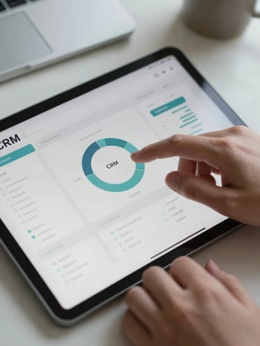 Macro shot of hands operating a clean CRM analytics dashboard on a tablet, natural morning light, soft screen glow, minimal workspace setup.
