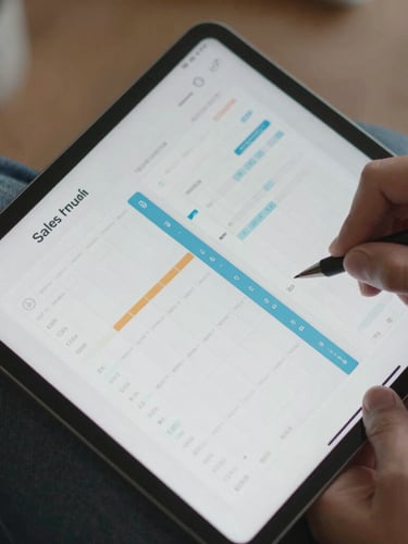 Macro close-up of hands holding a tablet displaying clean sales pipeline data and CRM analytics, soft natural lighting