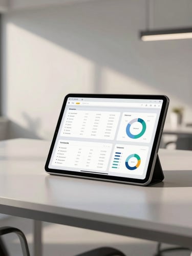 Minimalist corporate workspace with a tablet displaying clean CRM analytical graphs, soft morning daylight, architectural lines, premium B2B atmosphere.