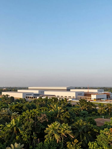 Wide panoramic shot of a modern industrial facility under construction in Chhattisgarh, India, at sunrise, with clean lines and clear skies, low horizon, showing expansive scale. Clean industrial photography, bright natural daylight, forest green and warm ivory tones, sharp focus, 35mm.
