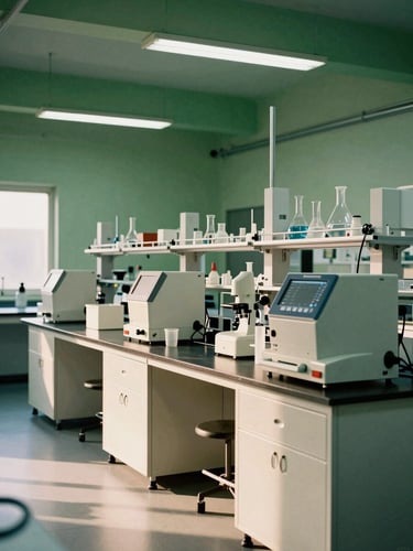 Wide shot of a modern chemical laboratory with precise testing equipment, cool-toned industrial light, stainless steel surfaces, clean industrial photography, bright natural daylight, forest green and warm ivory tones, sharp focus, 35mm