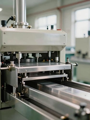 Close-up of clean, gleaming stainless steel processing lines and industrial machinery in a modern, brightly lit factory interior. Cool-toned industrial light, sharp focus, 35mm.