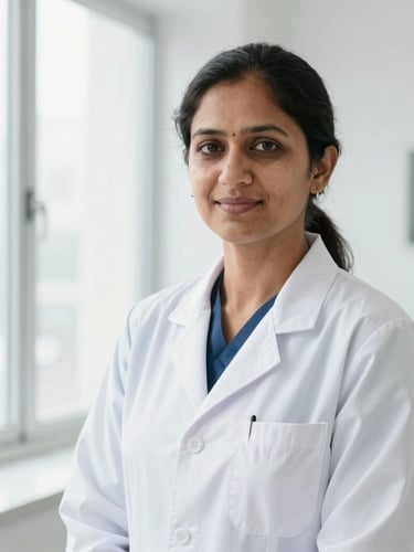 Environmental portrait of Dr. Jaya Thakur, a female dentist in a professional white coat, standing in a bright modern clinic in South Extension, soft daylight, warm authoritative expression.