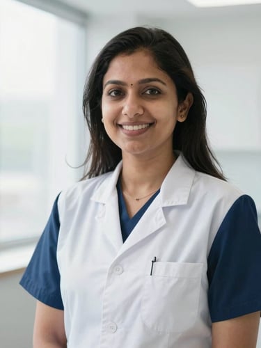 A bright professional environmental portrait of Dr. Jaya Thakur in her clean modern dental clinic in South Extension, soft natural window light, clinical navy and white tones, shallow depth of field