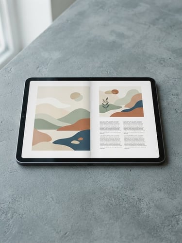 A clean minimalist mockup of a digital tablet displaying an e-book, soft diffused natural light, muted slate gray background, overhead flat-lay