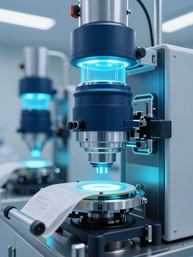 Sleek pharmaceutical production line, automated packaging under sterile blue and white LED lighting, high-tech cleanroom environment, clinical photography