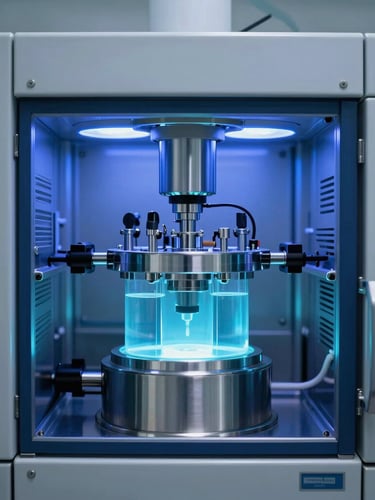 State of the art sterile cleanroom facility with high-tech automated liquid filling machines, clinical blue lighting, 35mm