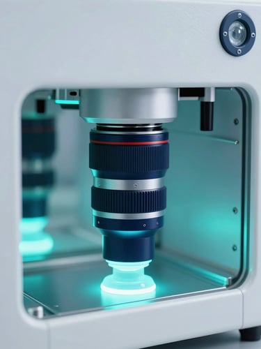 Sleek automated pharmaceutical packaging line under cool clinical white light with subtle glowing cyan ambient backlighting, macro lens, 35mm