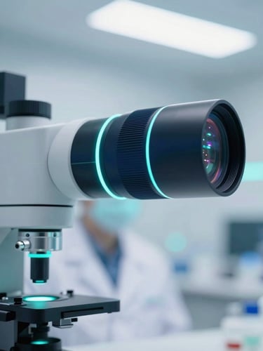 Sleek laboratory researcher in a cleanroom under cool clinical white light with subtle cyan ambient backlighting, macro lens, 35mm