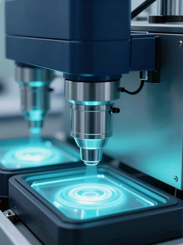 Sleek pharmaceutical automated packaging line, sterile laboratory lighting, glowing cyan and deep navy tones, crisp macro lens, 35mm