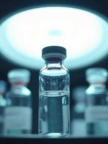 Macro photograph of sterile laboratory equipment, clean glass vials under cool clinical white light with glowing cyan ambient backlighting, 35mm