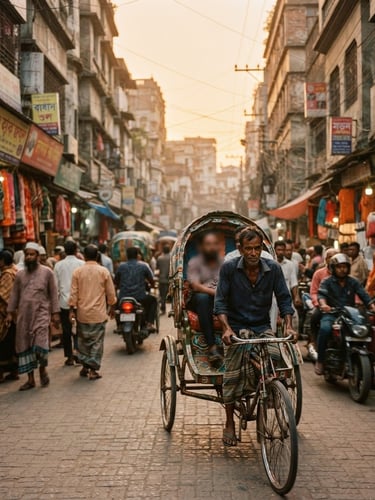 Atmospheric street scene of Dhaka at golden hour, a rickshaw puller in the foreground, soft natural light, documentary film photography, 35mm lens