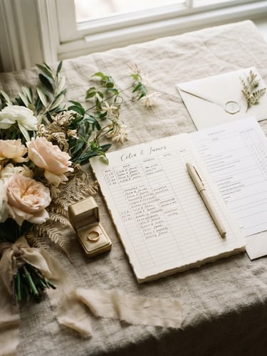 tight crop on a structured flat lay of minimal wedding planning spreadsheets and floral details on a textured linen surface, soft diffused natural window light, 35mm