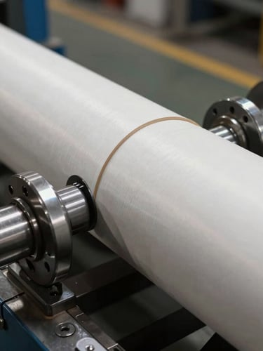 Extreme close-up of a high-precision spiral paper tube winding mandrel, hardened steel guides, raw metal texture, factory floor lighting