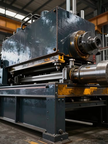 Low-angle wide shot of heavy-duty steel machinery fabrication on a factory floor, high-contrast industrial lighting, metallic steel textures, deep slate and amber tones, 50mm