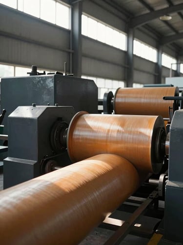 Wide low-angle shot of a heavy-duty paper tube winding production line in a GIDC Umbergaon factory, natural light streaming through high windows, deep slate and amber tones, sharp detail.