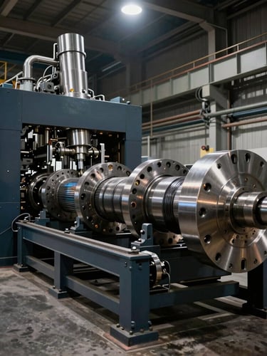 Low-angle wide shot of a massive steel secondary coating line for optical fiber cable on a factory floor, dramatic industrial lighting, sharp detail, 50mm