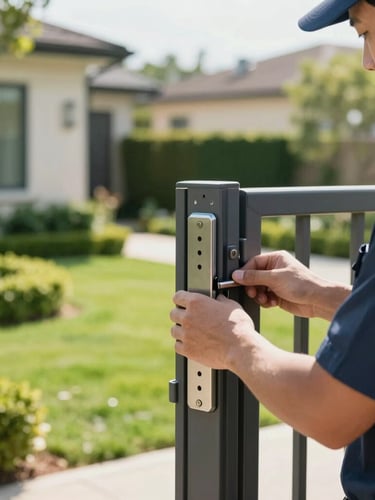 A close-up, sharp focus 35mm photo of a uniformed technician checking a gate lock on a pristine residential property, vibrant natural greens, bright morning light.
