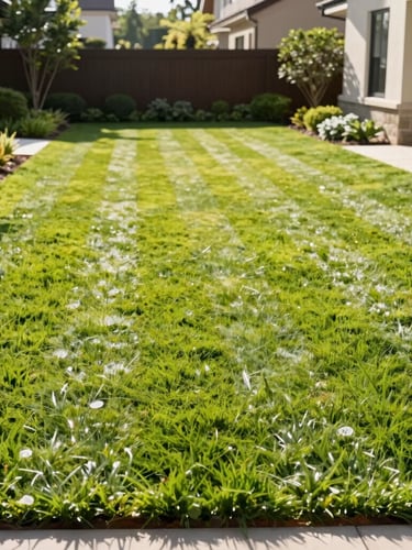 Crisp outdoor photography, bright morning sunlight, pristine freshly striped lawn with sharp hardscape edges, high-end residential estate, 35mm