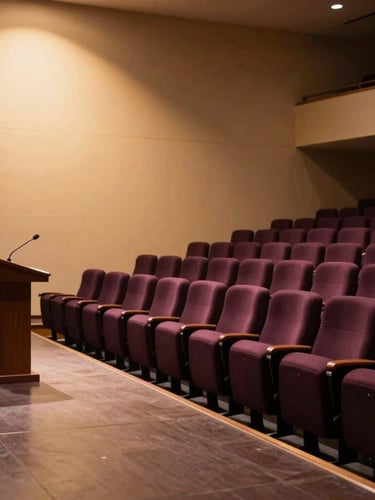Wide cinematic shot of a modern, warm-toned auditorium stage from the side, soft golden hour backlighting, elegant empty lectern, deep plum shadows.