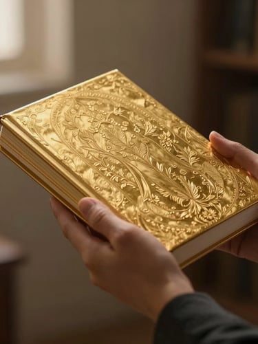 Hands holding a closed gold-embossed book with reverence, warm cinematic backlighting.
