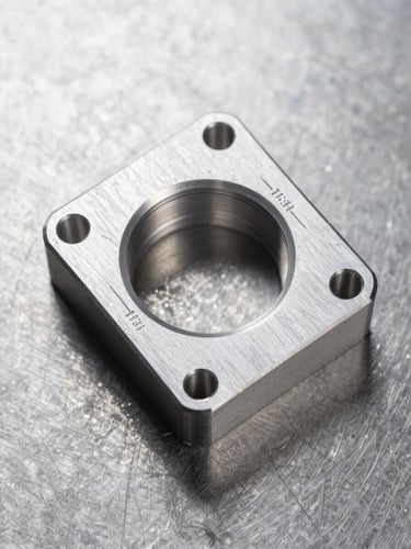 Macro overhead flat-lay of a precision-machined aluminum component on a steel surface, dimension callout lines etched into the part surface visible at 1:1 scale, bright studio strobe lighting revealing micro-surface finish and toolpath geometry, no people