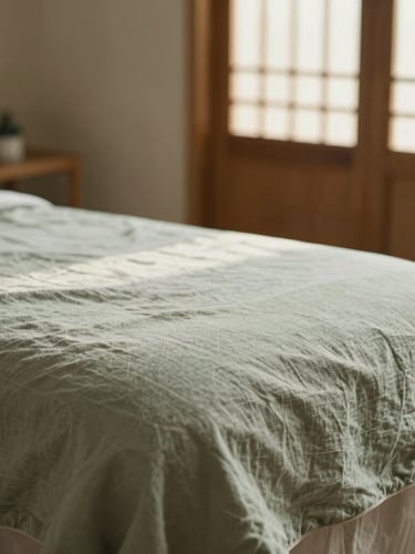 Soft-focus environmental vertical shot of a quiet treatment room, textured linen sheets, warm indirect morning light filtering through wooden screens, shallow depth of field