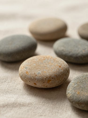 Close-up of smooth warm basalt stones resting on textured organic linen, soft diffused morning light, shallow depth of field