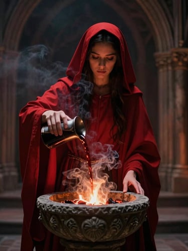 A high-priestess in crimson robes pouring dark liquid into a carved stone basin, glowing embers and heavy smoke, gothic arch background.
