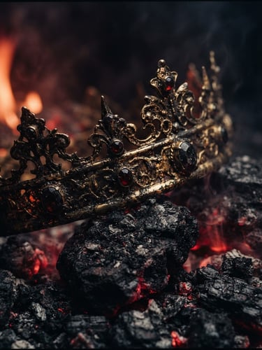 Extreme close-up of a tarnished gold crown resting on scorched black stone, flickering embers casting deep crimson shadows, 35mm cinematic photography.