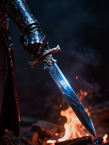 A cinematic shot of a hand clad in dark hammered steel gauntlets holding a shattered obsidian blade, lit by low-key cold blue moonlight and flickering embers.