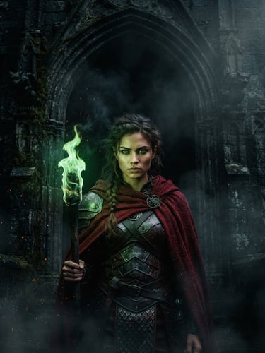 Cinematic portrait of Seraphina, a young dragon rider with intense emerald eyes, standing before a dark stone gothic archway, holding a flickering torch casting green firelight, thick charcoal smoke, 35mm photography.