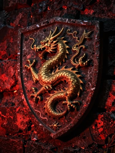 A close-up of a weathered stone shield carved with a golden dragon crest, illuminated by dramatic red firelight, casting deep shadows on scorched castle walls.