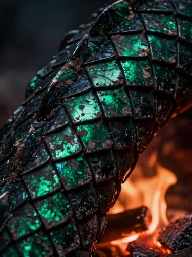 Close-up of weathered dragon scales shimmering in dark emerald green and charcoal black, caught in the dramatic low-key glow of flickering embers, weathered and scarred.
