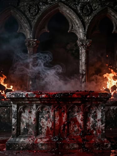 A weathered stone altar stained with dark crimson blood, ancient gothic arches framed by flickering embers and thick charcoal smoke, cinematic low-key lighting, 35mm