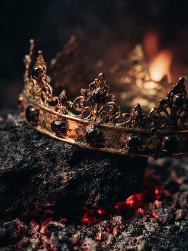 Extreme close-up of a tarnished gold crown resting on scorched black stone, flickering embers casting dramatic red shadows, 35mm cinematic photography.