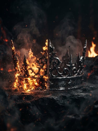 A high-contrast cinematic shot of a gothic iron crown split in half, one side glowing with molten gold, the other side cold tarnished steel, shrouded in dark charcoal smoke and embers.