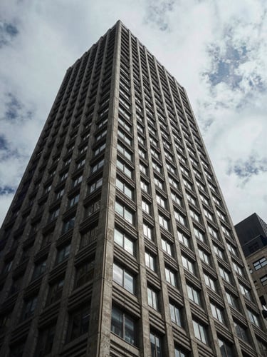 Low-angle architectural shot of a brutalist steel and concrete skyscraper facade against an overcast Manhattan sky, sharp shadows, cool-toned natural light