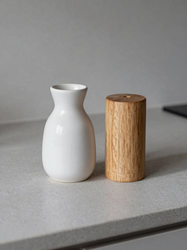 A single matte ceramic oil cruet and a light oak salt cellar resting on a clean gray stone countertop, soft morning light casting gentle shadows, 35mm photography