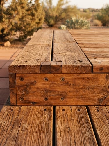 Straight-on architectural macro shot of precise wood joinery on a cedar deck, warm late-afternoon Arizona golden hour light, rich wood textures