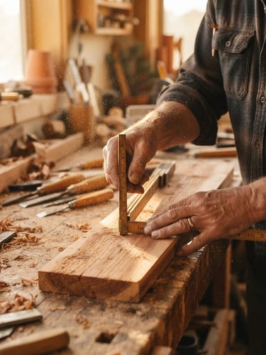 Close-up of a craftsman's hands carefully measuring a raw cedar plank with a brass-trimmed wooden folding rule, warm Arizona golden hour light streaming across the workbench, sawdust particles visible in the air, 35mm lens.