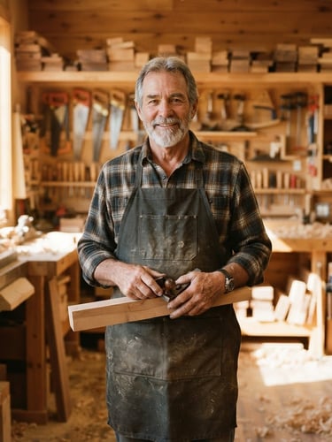 A warm, environmental portrait of Jim, a mature craftsman with weathered hands, standing in his sunlit Arizona workshop surrounded by clean timber and organized tools, 35mm photography.