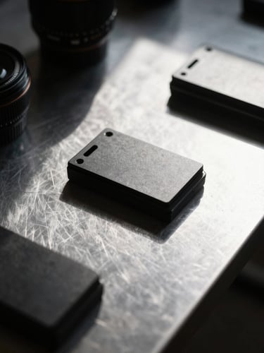 Macro close-up of physical design artifacts on a dark steel table, harsh direct sunlight casting sharp geometric shadows, minimalist monochromatic tones