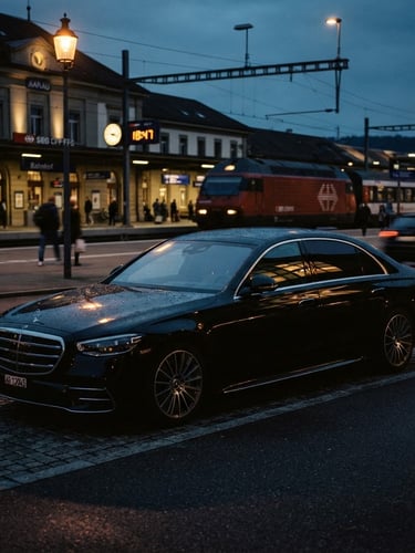 Modern black luxury sedan parked at Aarau train station at dusk, cinematic street-light reflections on its metallic surface, deep shadows, warm amber accents, 35mm